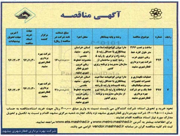 مناقصه ,مناقصه ساخت و نصب 366 متر طول گارد خط ریلی و ...