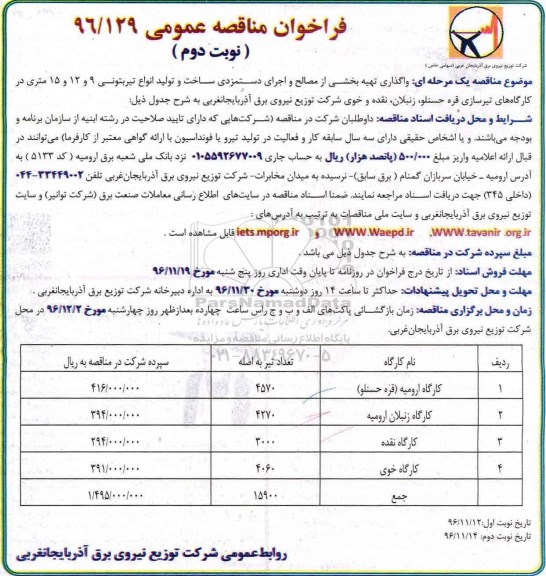 فراخوان مناقصه عمومی, فراخوان  مصالح و اجرای دستمزدی ساخت و تولید انواع تیربتونی  .... (نوبت دوم)