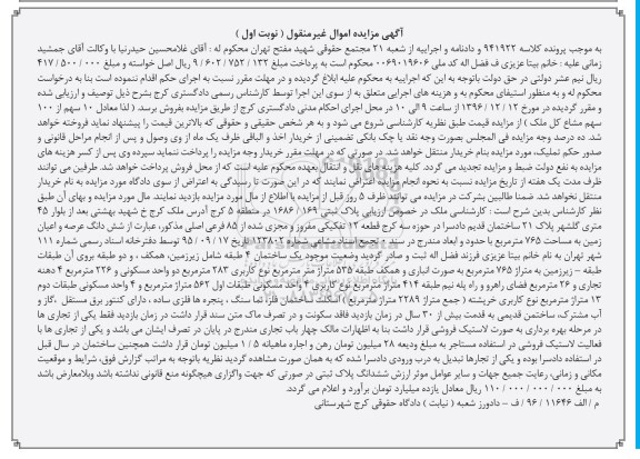 مزایده,مزایده 10 سهم از صد سهم مشاع کل ملک نوبت اول