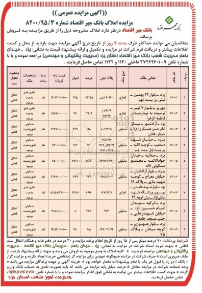 مزایده,مزایده فروش املاک بانک مهر اقتصاد