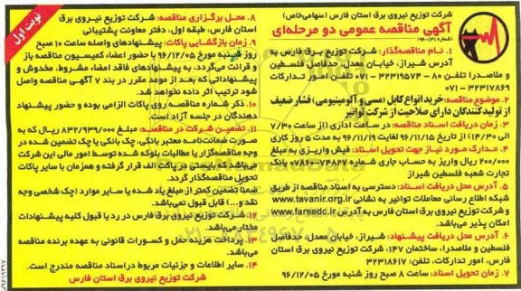 مناقصه خرید انواع کابل...