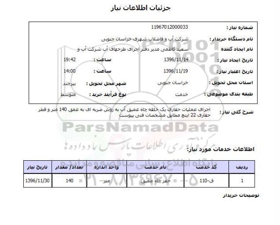استعلام , استعلام اجرای عملیات حفاری یک حلقه چاه 
