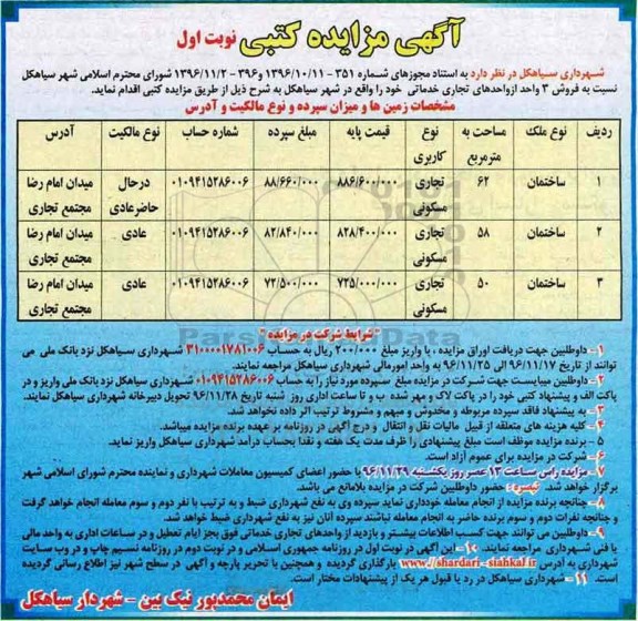 مزایده ,مزایده فروش سه واحد از واحدهای تجاری خدماتی 
