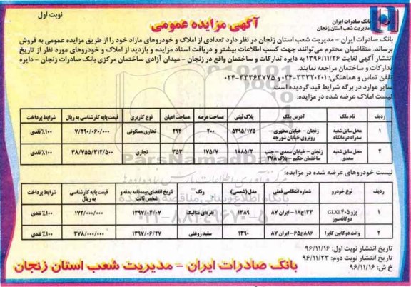 آگهی مزایده عمومی, مزایده فروش تعدادی از املاک و خودروهای مازاد