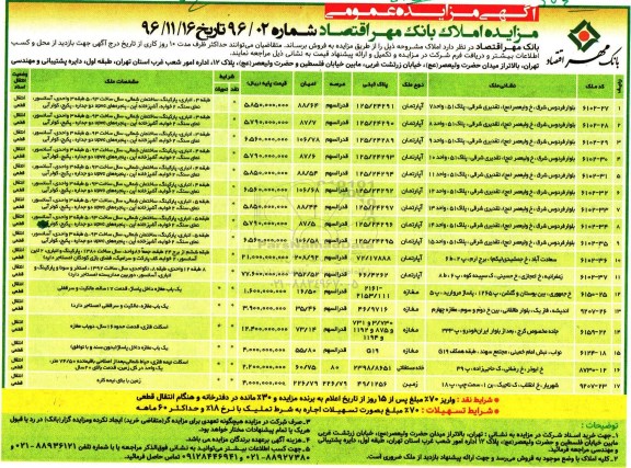 مزایده,مزایده فروش املاک بانک مهر اقتصاد