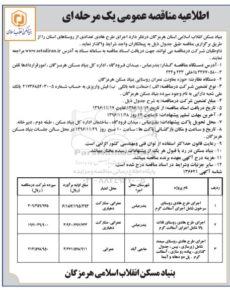 مناقصه عمومی, مناقصه  اجرای طرح هادی تعدادی از روستاهای استان