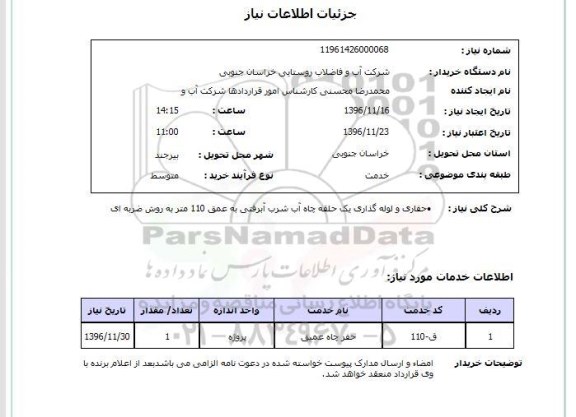 استعلام, استعلام حفاری و لوله گذاری یک حلقه چاه آب شرب آبرفتی