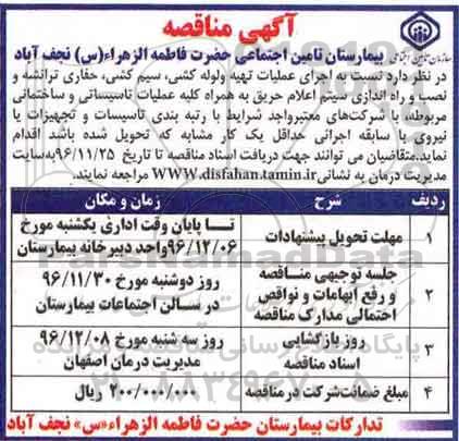 مناقصه، مناقصه اجرای عملیات تهیه و لوله کشی، سیم کشی...