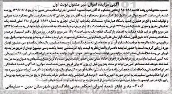 مزایده,مزایده ششدانگ آپارتمان تجاری قطعه یک تفکیکی