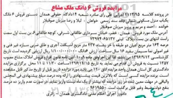 مزایده,مزایده ششدانگ منزل مسکونی شمالی فاقد سند رسمی عرصه 164متر