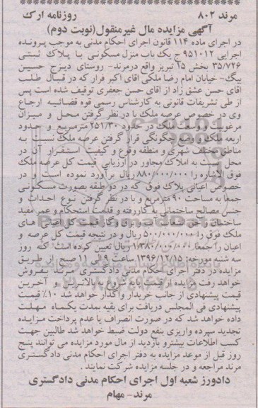 مزایده,مزایده منزل مسکونی مساحت 251.30متر نوبت دوم