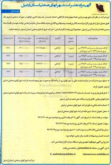 آگهی مزایده , مزایده حق بهره برداری تعداد چهار واحد کارگاهی 