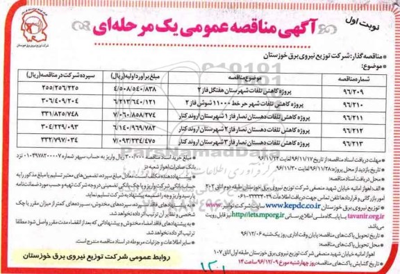مناقصه ,مناقصه پروژه کاهش تلفات شهرستان هفتگل  ... 