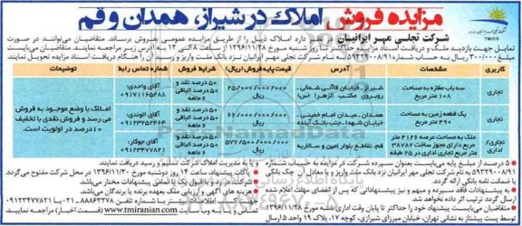 مزایده,مزایده فروش املاک شیراز.همدان.قم