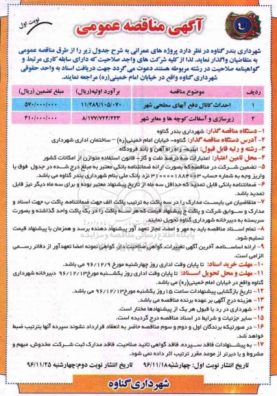 آگهی مناقصه عمومی , مناقصه احداث کانال دفع آبهای سطحی شهر...