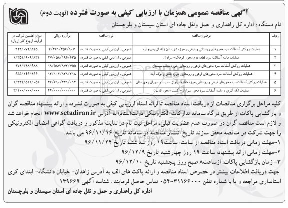 آگهی مناقصه عمومی، مناقصه عملیات روکش آسفالت سرد محورهای روستایی... نوبت دوم 