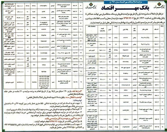 مزایده,مزایده فروش املاک بانک مهر اقتصاد