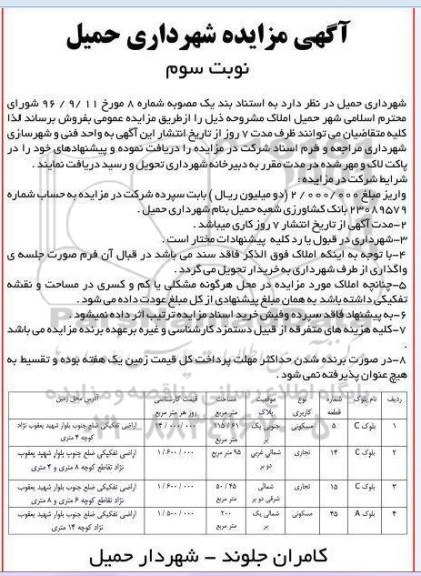 مزایده,مزایده فروش املاک کاربری مسکونی تجاری نوبت سوم