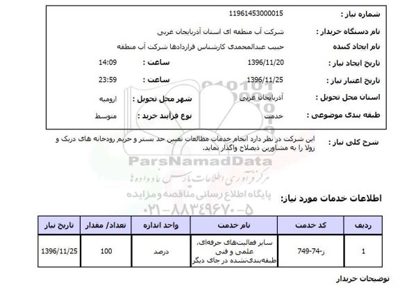 استعلام انجام خدمات مطالعات تعیین حد بستر و حریم رودخانه های دریک و زولا
