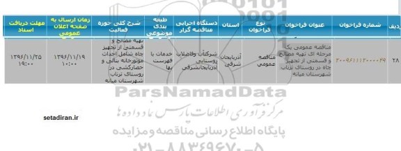 فراخوان , فراخوان  تهیه مصالح و قسمتی از تجهیز چاه