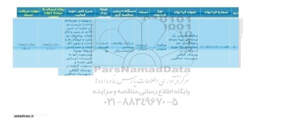 مناقصه عمومی , مناقصه تهیه مصالح و لوله گذاری خط انتقال و شبکه توزیع آب...