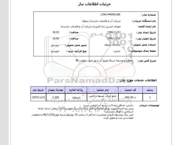 استعلام, استعلام طرح و توسعه شبکه توزیع آب شهر