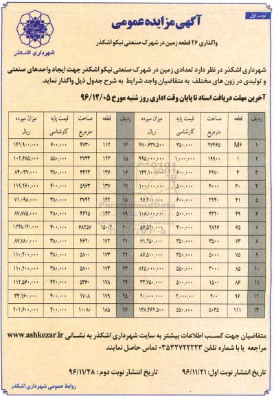 آگهی مزایده , مزایده واگذاری 26 قطعه زمین