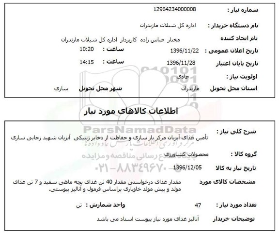استعلام, استعلام تامین غذای آبزیان
