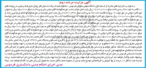 مزایده,مزایده ششدانگ مفروز زمین مساحت 228متر