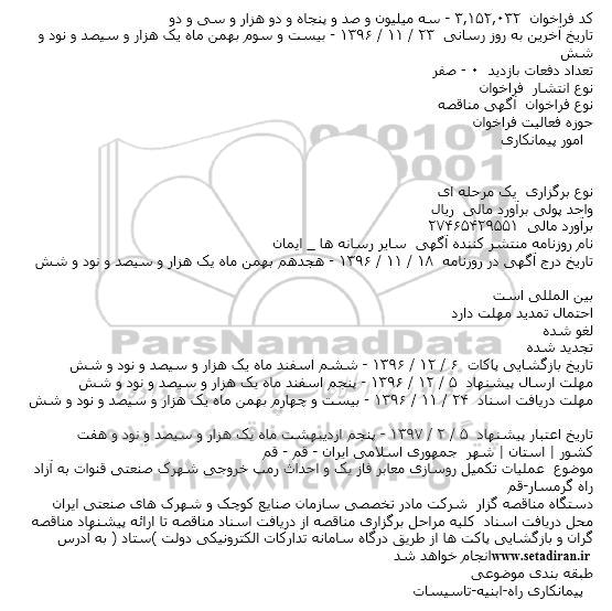 مناقصه , مناقصه عملیات تکمیل روسازی معابر 