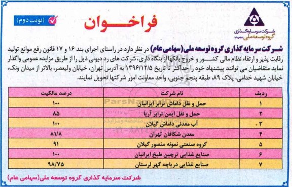 مزایده, فراخوان واگذاری شرکت های حمل و نقل، آب معدنی... (نوبت دوم)