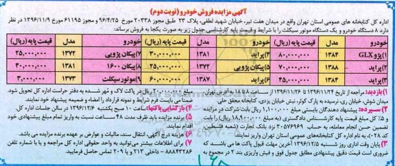 آگهی مزایده ، مزایده فروش 8 دستگاه خودرو و ...نوبت دوم