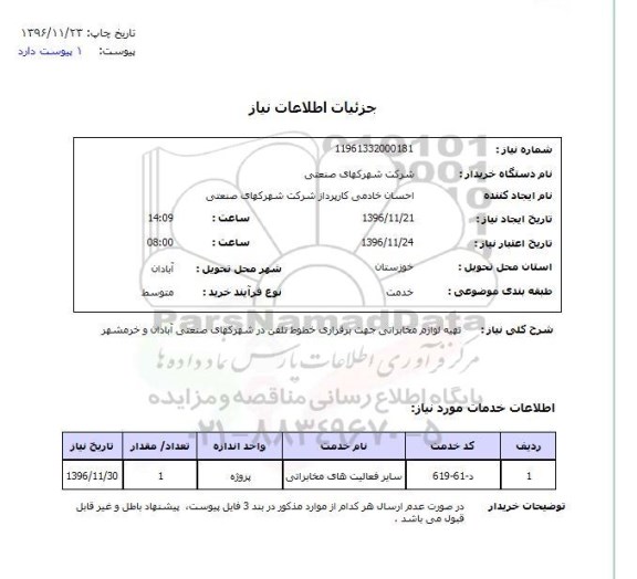 استعلام، استعلام تهیه لوازم مخابراتی جهت برقراری خطوط تلفن