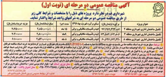 آگهی مناقصه عمومی دو مرحله ای , مناقصه تکمیل ساختمان اداری