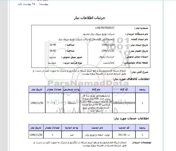 استعلام ,استعلام اصلاح شبکه فشار متوسط و رفع حریم شبکه