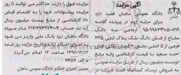 مزایده,مزایده سه دانگ مشاع از ششدانگ ملک بخش شش کرمان