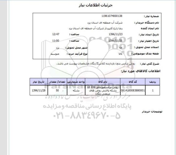 استعلام , استعلام روغن ترانس بدون بازدارنده کلاس II زنگان