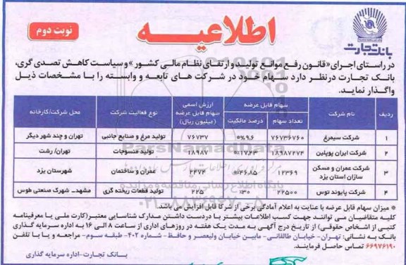 اطلاعیه, مزایده واگذاری سهام
