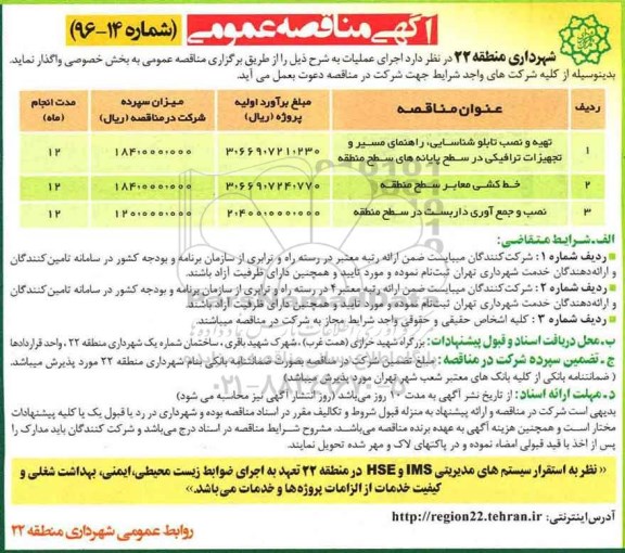 مناقصه, مناقصه اجرای عملیات تهیه و نصب تابلو ...
