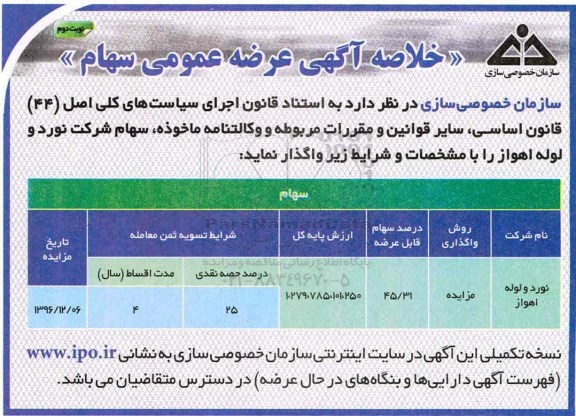 مزایده , مزایده عرضه عمومی سهام شرکت نورد ...نوبت دوم