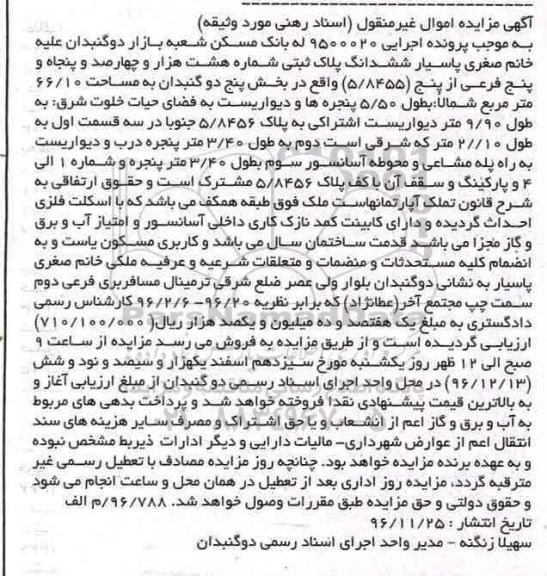 مزایده,مزایده ششدانگ پلاک ثبتی مساحت 66.10مترمربع