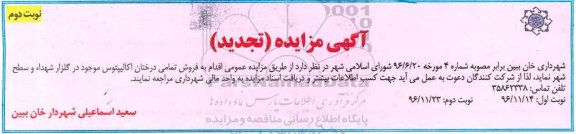 آگهی مزایده , مزایده فروش تمامی درختان اکالیپتوس تجدید نوبت دوم