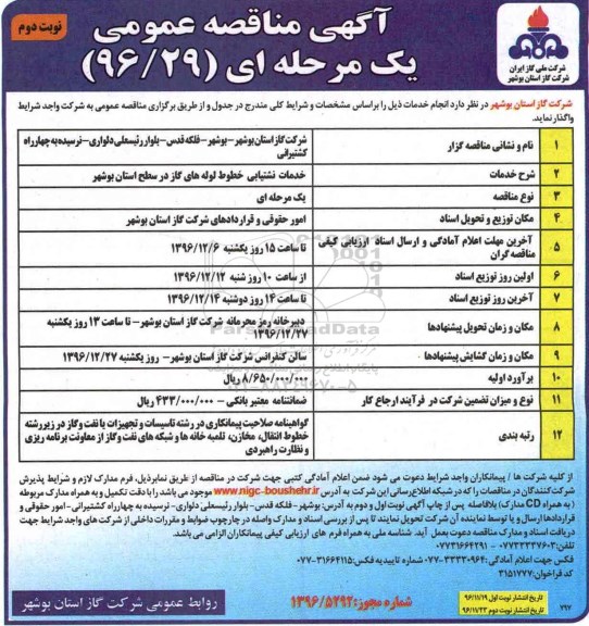 مناقصه,مناقصه خدمات نشتیابی خطوط لوله های گاز - نوبت دوم
