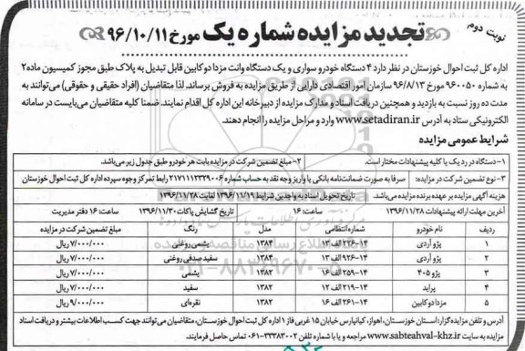 مزایده عمومی, تجدید مزایده 4 دستگاه خودروسواری و یک دستگاه وانت مزدا دوکابین - نوبت دوم