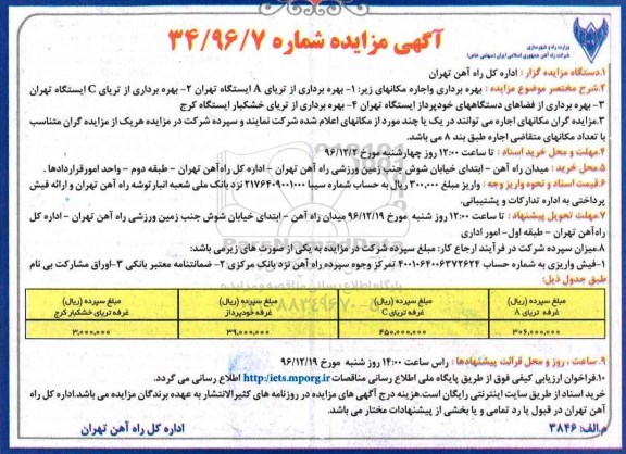 مزایده, مزایده بهره برداری و اجاره مکانهای اعلام شده ....96.11.23
