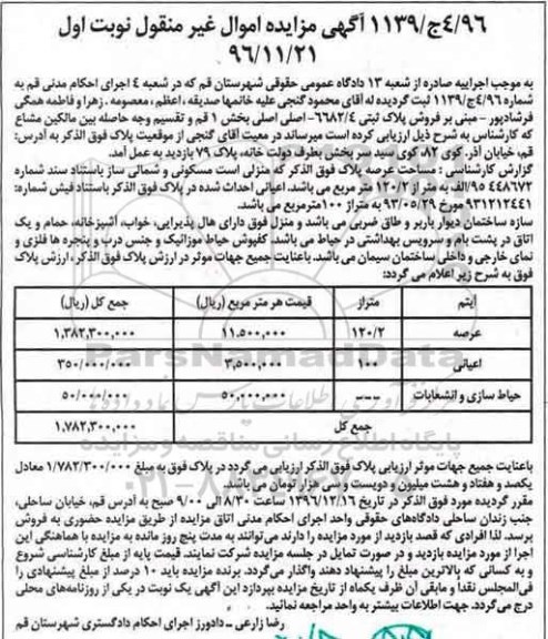 مزایده,مزایده پلاک ثبتی 6682/4 اصلی بخش یک قم 
