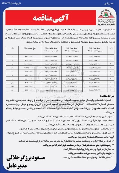 مناقصه نگهداری فضای سبز نواحی دهگانه 