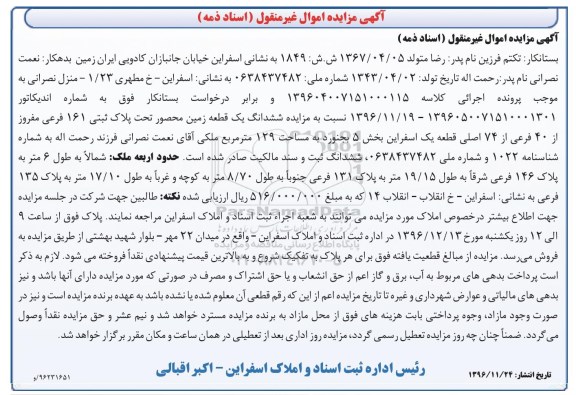 مزایده,مزایده ششدانگ زمین محصور مساحت 129متر