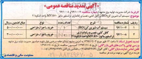 آگهی تمدید مناقصه عمومی, مناقصه سیستم آب شیرین کن RO  و ... تمدید