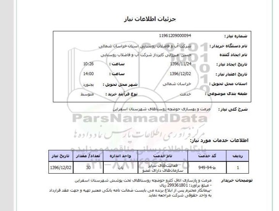 استعلام, استعلام مرمت و بهسازی حوضچه روستاهای